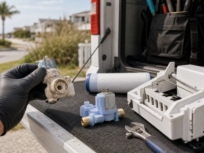 Scaled Sub-Zero UC-15I water inlet valve and components on a technician's bench in Atlantic Beach