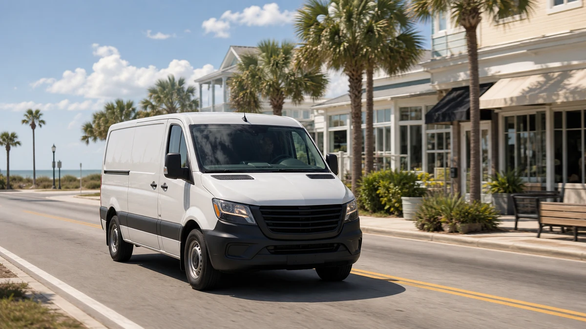 Service van crossing Atlantic Boulevard toward a repair call in Neptune Beach