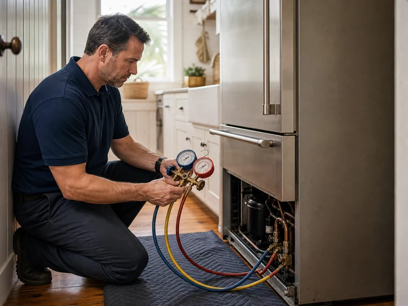 Technician reading sealed-system gauges on a glass-door Sub-Zero PRO 48 in a Selva Marina kitchen